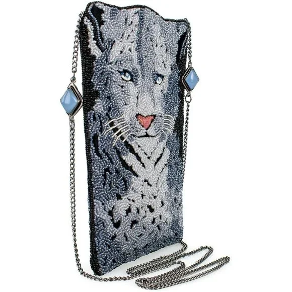Wild Cat Snow Leopard Beaded Crossbody Cell Phone Bag Grey Black Evening Clutch